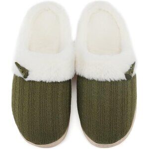 Women's Green Scuff Faux Fur Lining Memory Warm Foam Plush Slippers Shoes